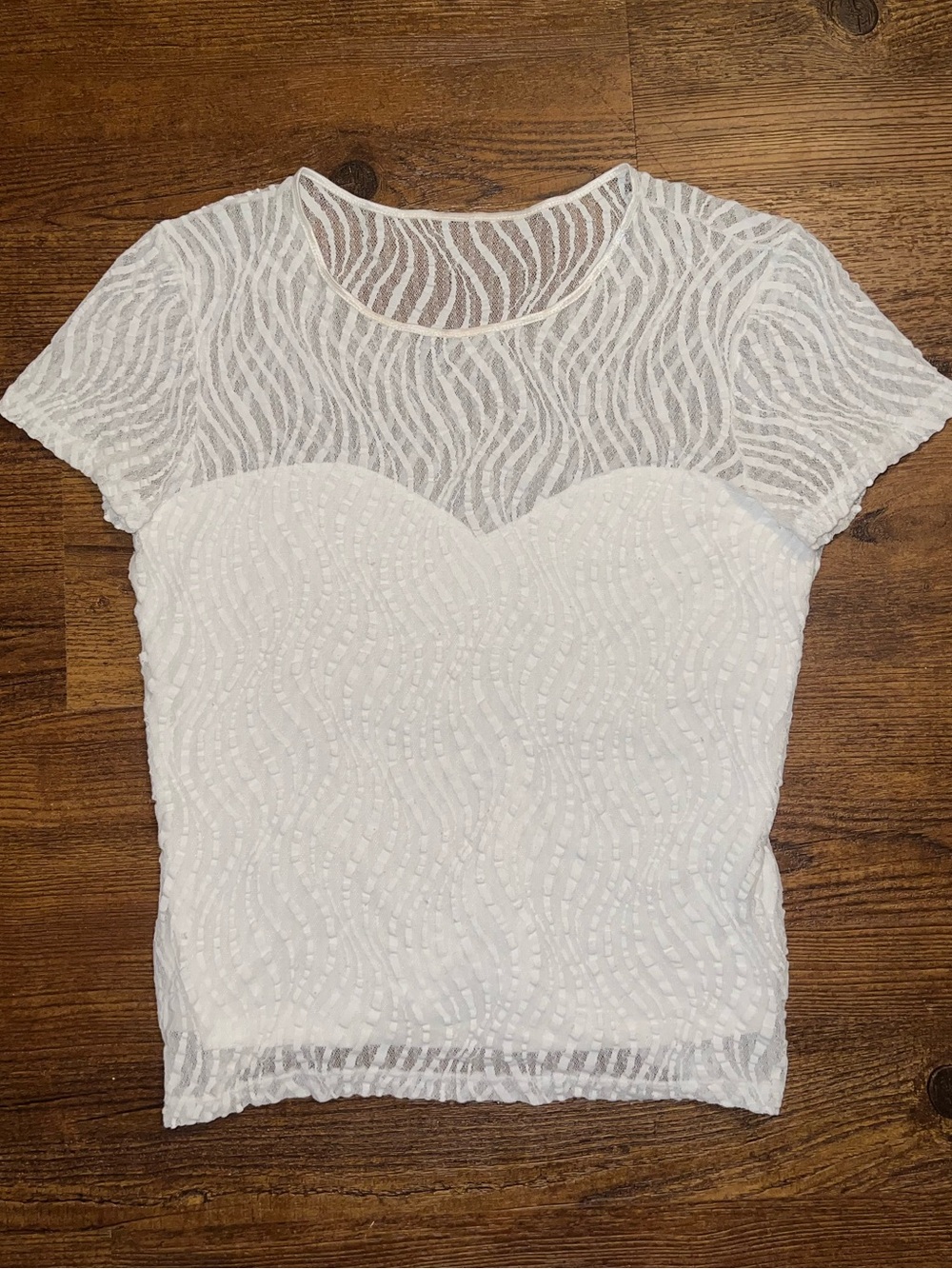 Vintage White Lace Sheer Mesh Textured Blouse Sweetheart Short Sleeve Size S